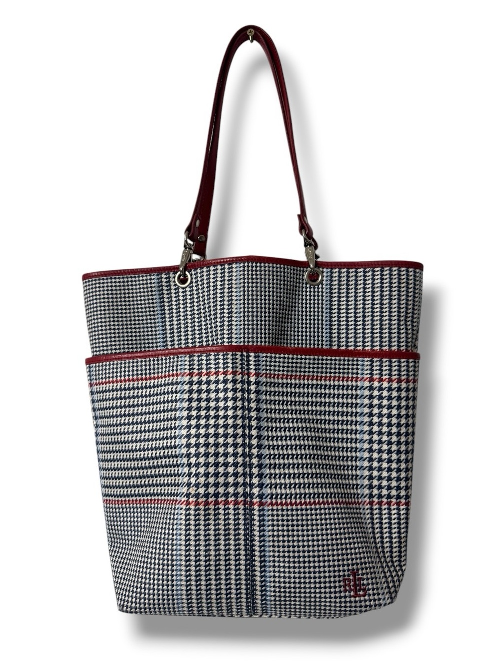 Vintage Lauren Ralph Lauren Houndstooth Tote Bag Red Leather Trim Shoulder Bag